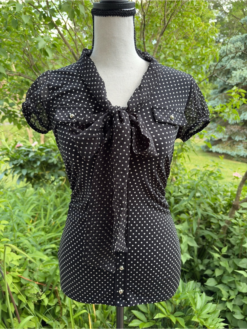 White House Black Market Black Polka Dot Tie-Neck Blouse